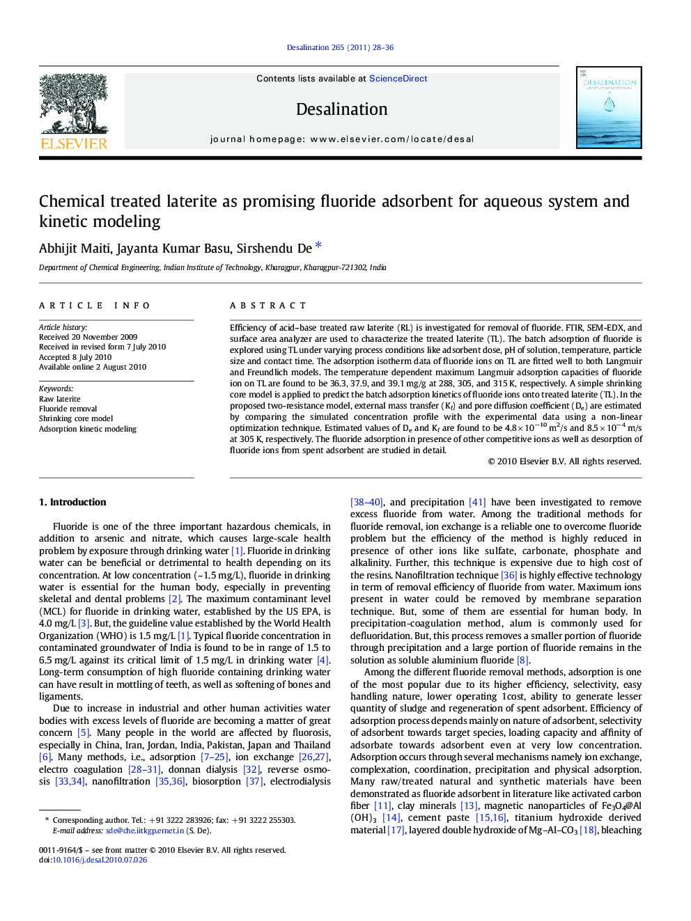 Chemical treated laterite as promising fluoride adsorbent for aqueous system and kinetic modeling