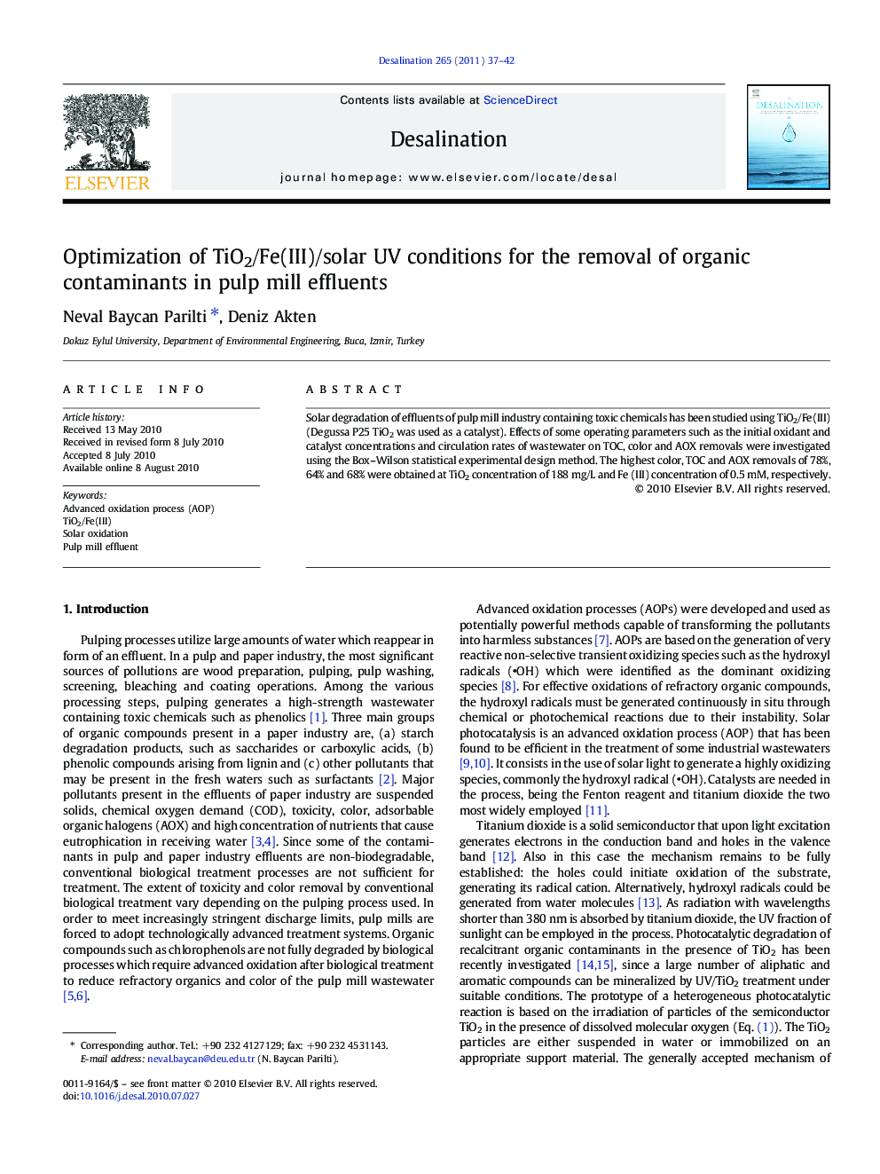 Optimization of TiO2/Fe(III)/solar UV conditions for the removal of organic contaminants in pulp mill effluents