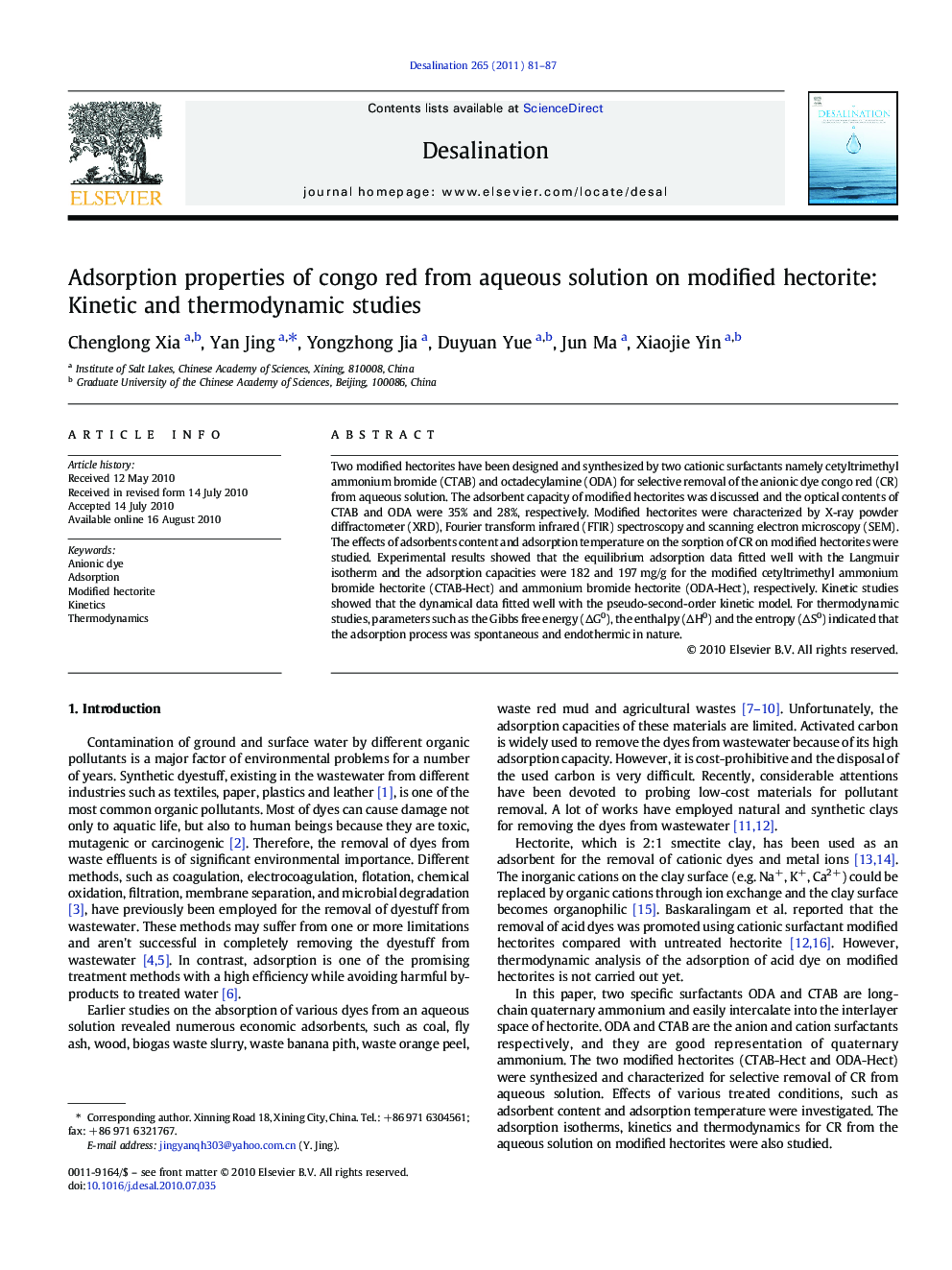 Adsorption properties of congo red from aqueous solution on modified hectorite: Kinetic and thermodynamic studies