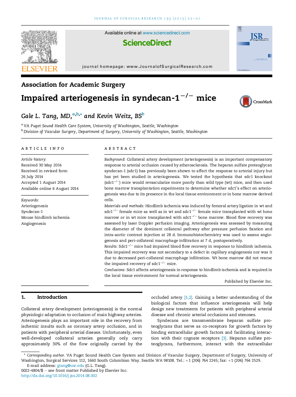 Association for Academic SurgeryImpaired arteriogenesis in syndecan-1â/â mice