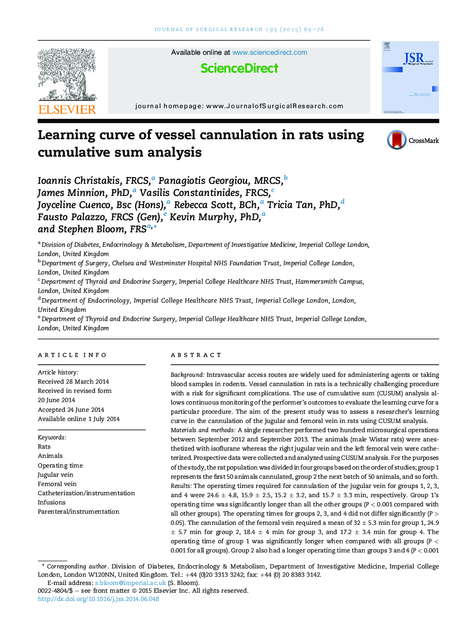 EducationLearning curve of vessel cannulation in rats using cumulative sum analysis