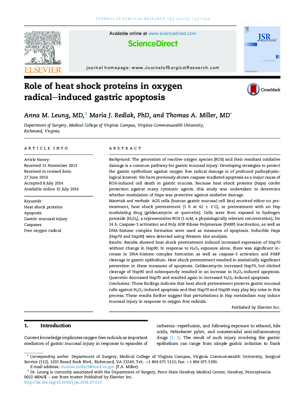 GastrointestinalRole of heat shock proteins in oxygen radical-induced gastric apoptosis