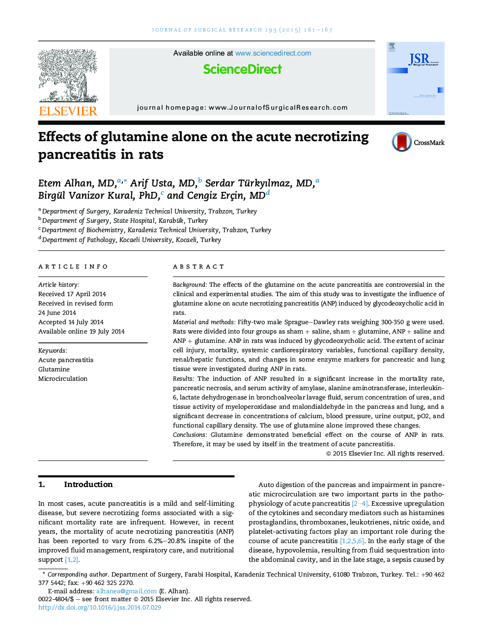 GastrointestinalEffects of glutamine alone on the acute necrotizing pancreatitis in rats