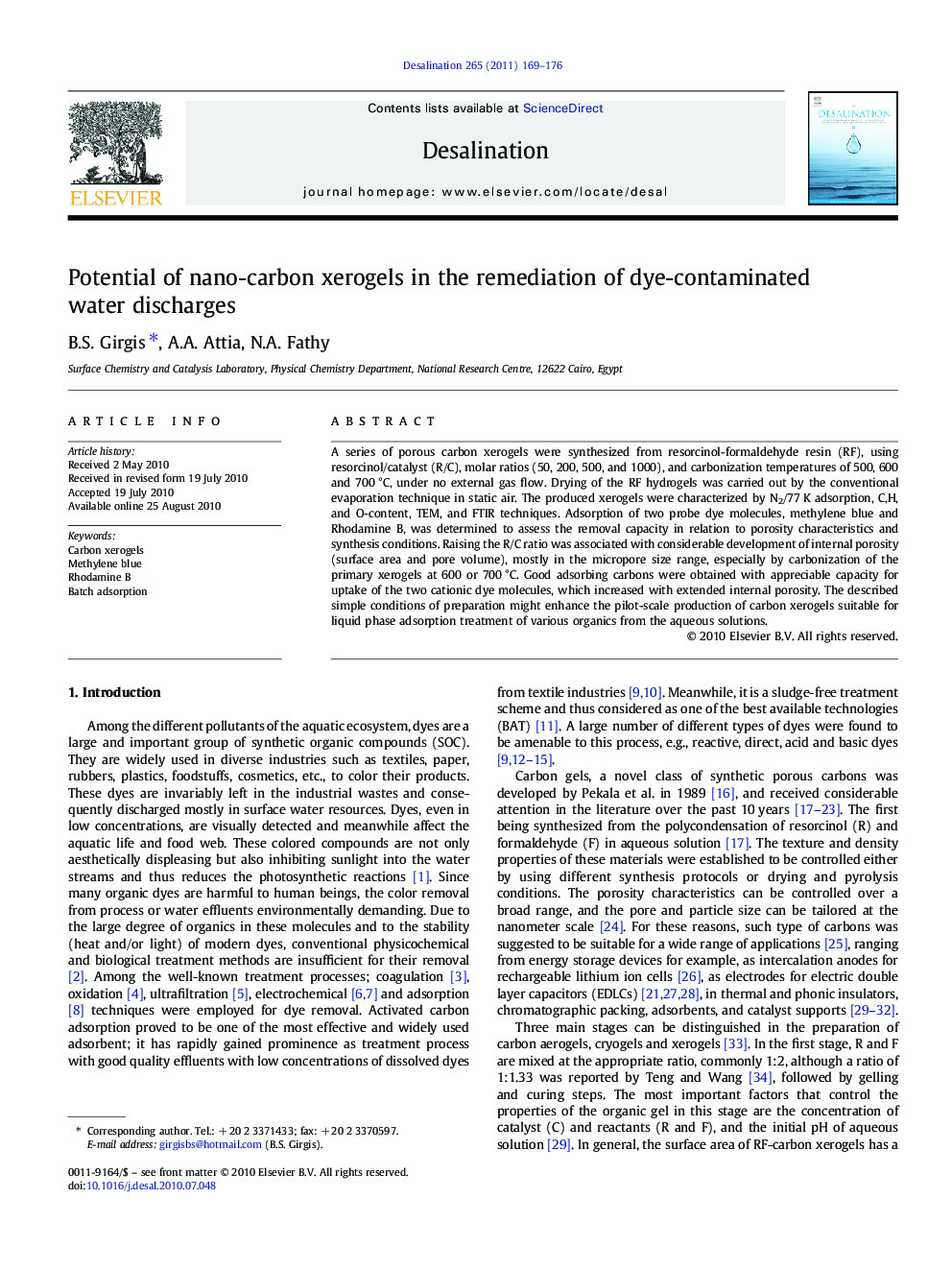 Potential of nano-carbon xerogels in the remediation of dye-contaminated water discharges