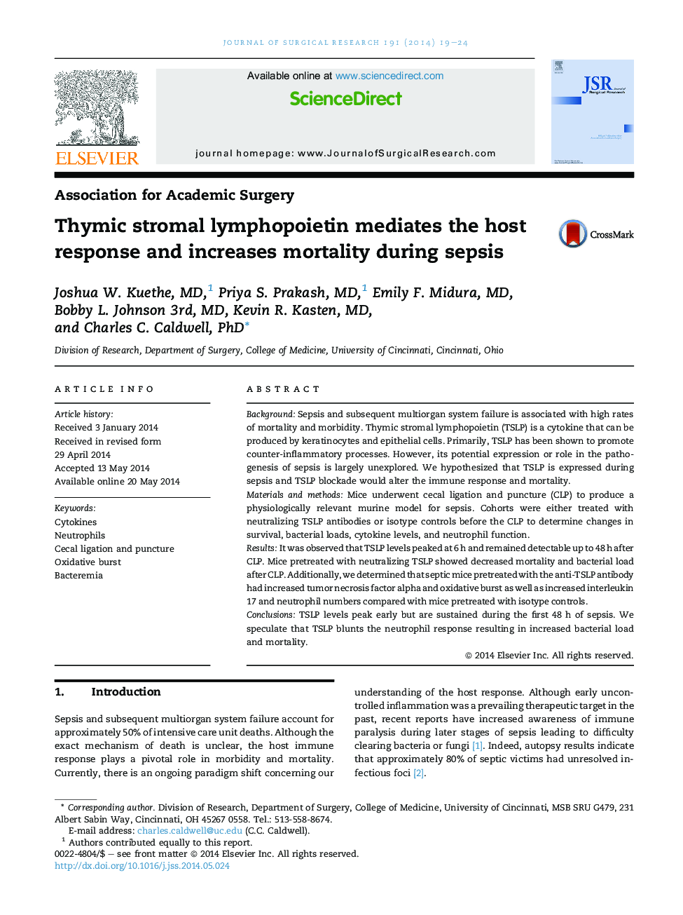 Association for Academic SurgeryThymic stromal lymphopoietin mediates the host response and increases mortality during sepsis