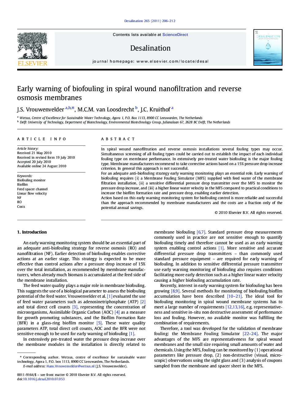 Early warning of biofouling in spiral wound nanofiltration and reverse osmosis membranes