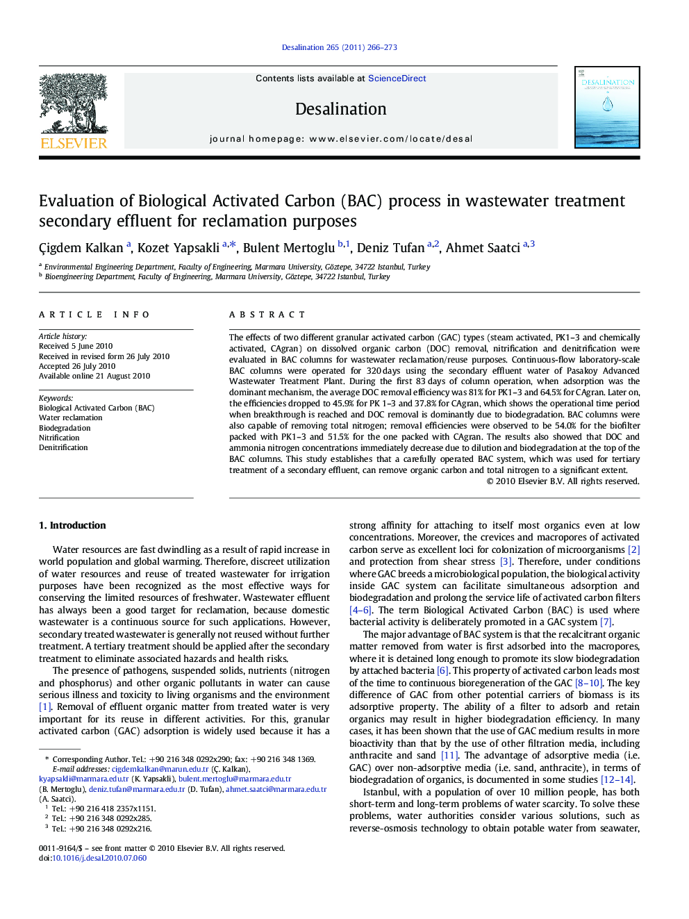 Evaluation of Biological Activated Carbon (BAC) process in wastewater treatment secondary effluent for reclamation purposes