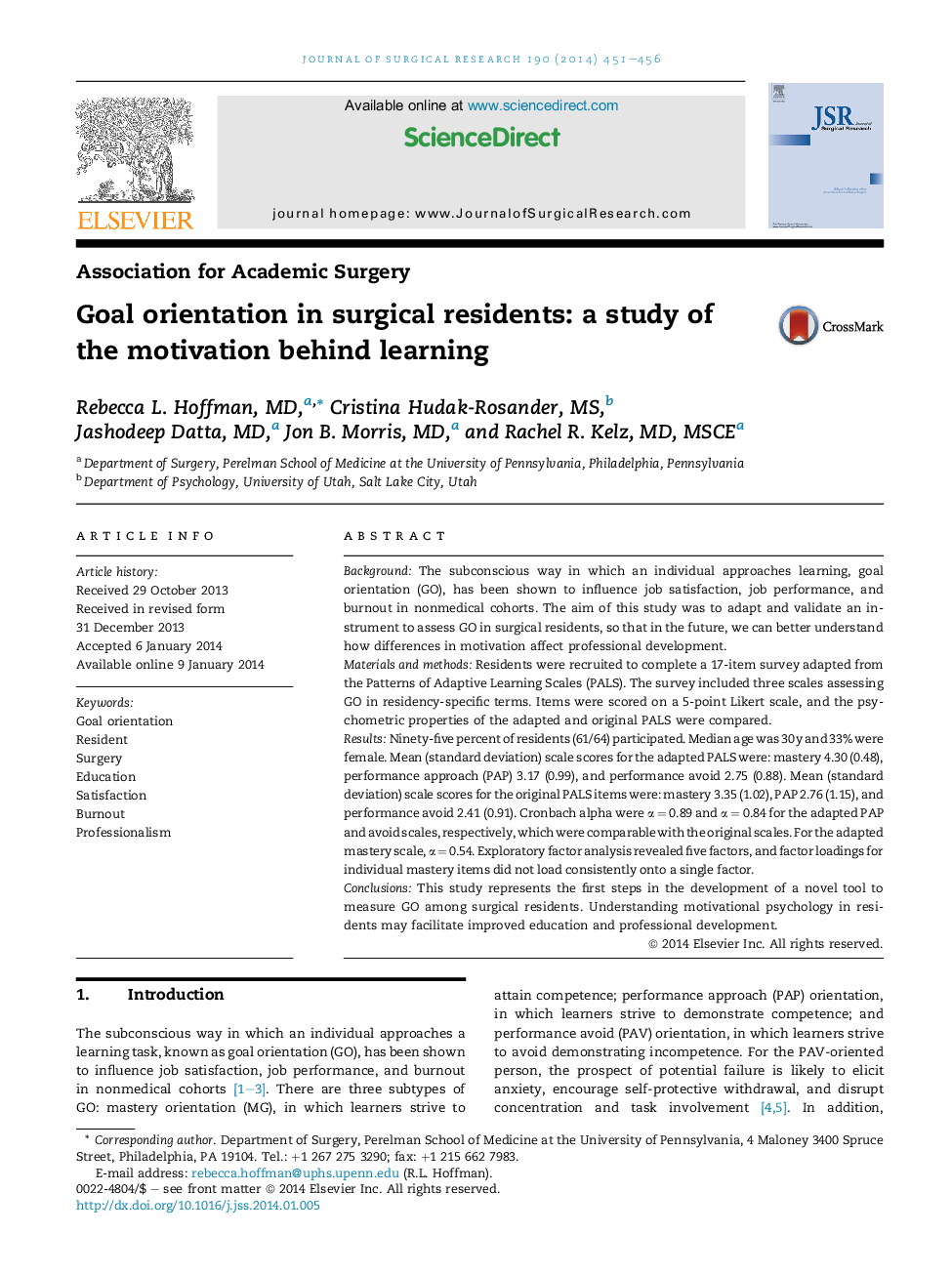 Association for Academic SurgeryGoal orientation in surgical residents: a study of the motivation behind learning