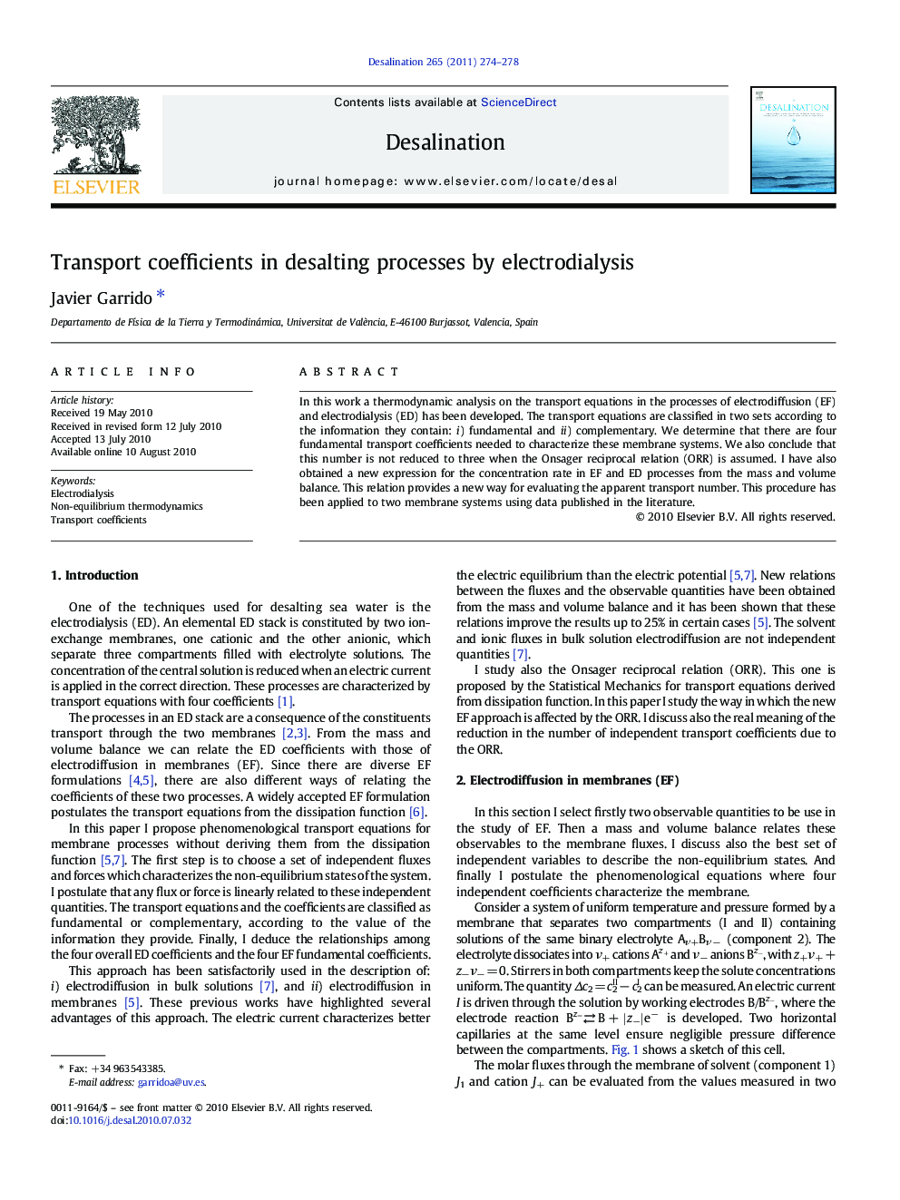 Transport coefficients in desalting processes by electrodialysis