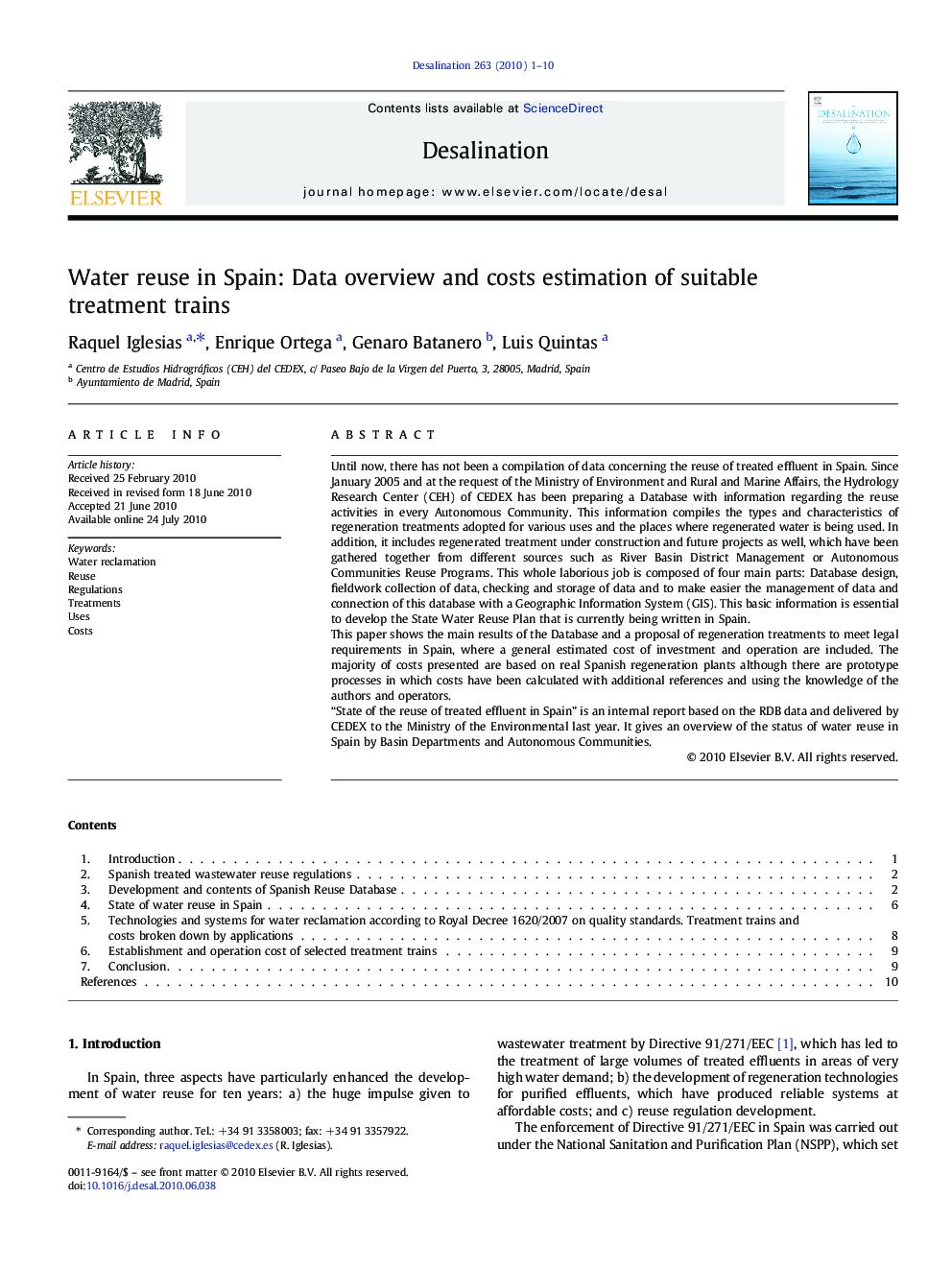Water reuse in Spain: Data overview and costs estimation of suitable treatment trains