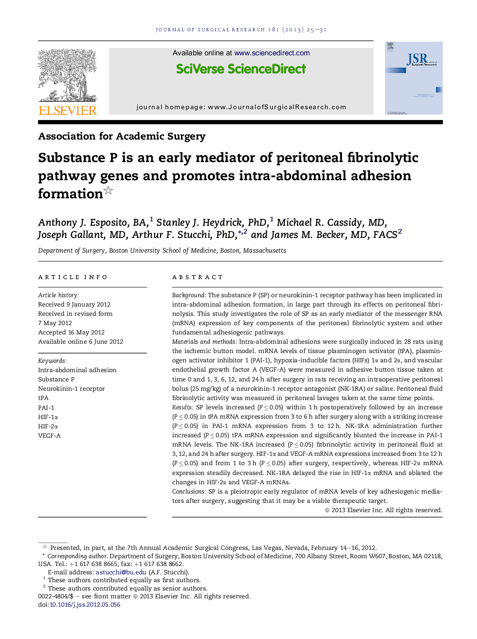 Association for Academic SurgerySubstance P is an early mediator of peritoneal fibrinolytic pathway genes and promotes intra-abdominal adhesion formation