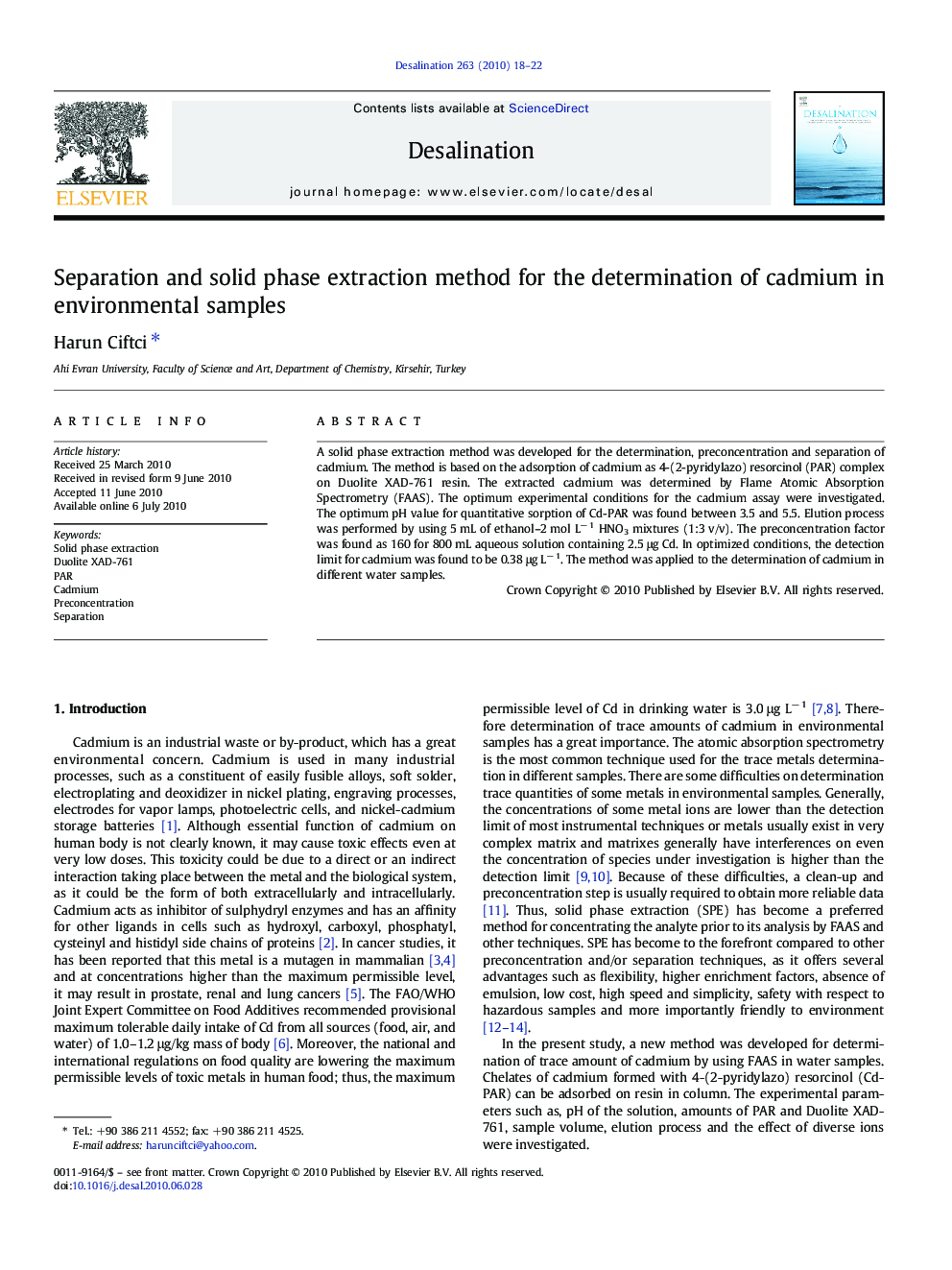 Separation and solid phase extraction method for the determination of cadmium in environmental samples