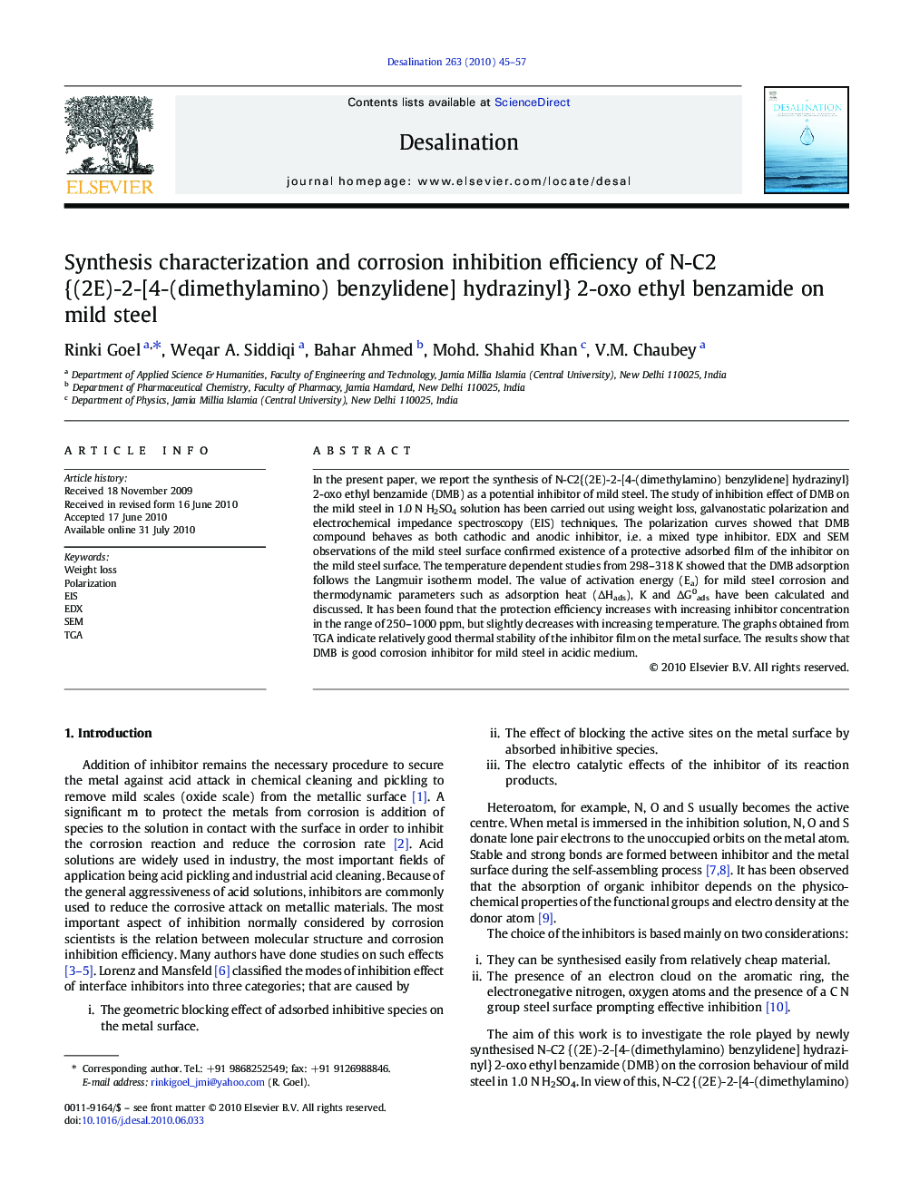 Synthesis characterization and corrosion inhibition efficiency of N-C2 {(2E)-2-[4-(dimethylamino) benzylidene] hydrazinyl} 2-oxo ethyl benzamide on mild steel