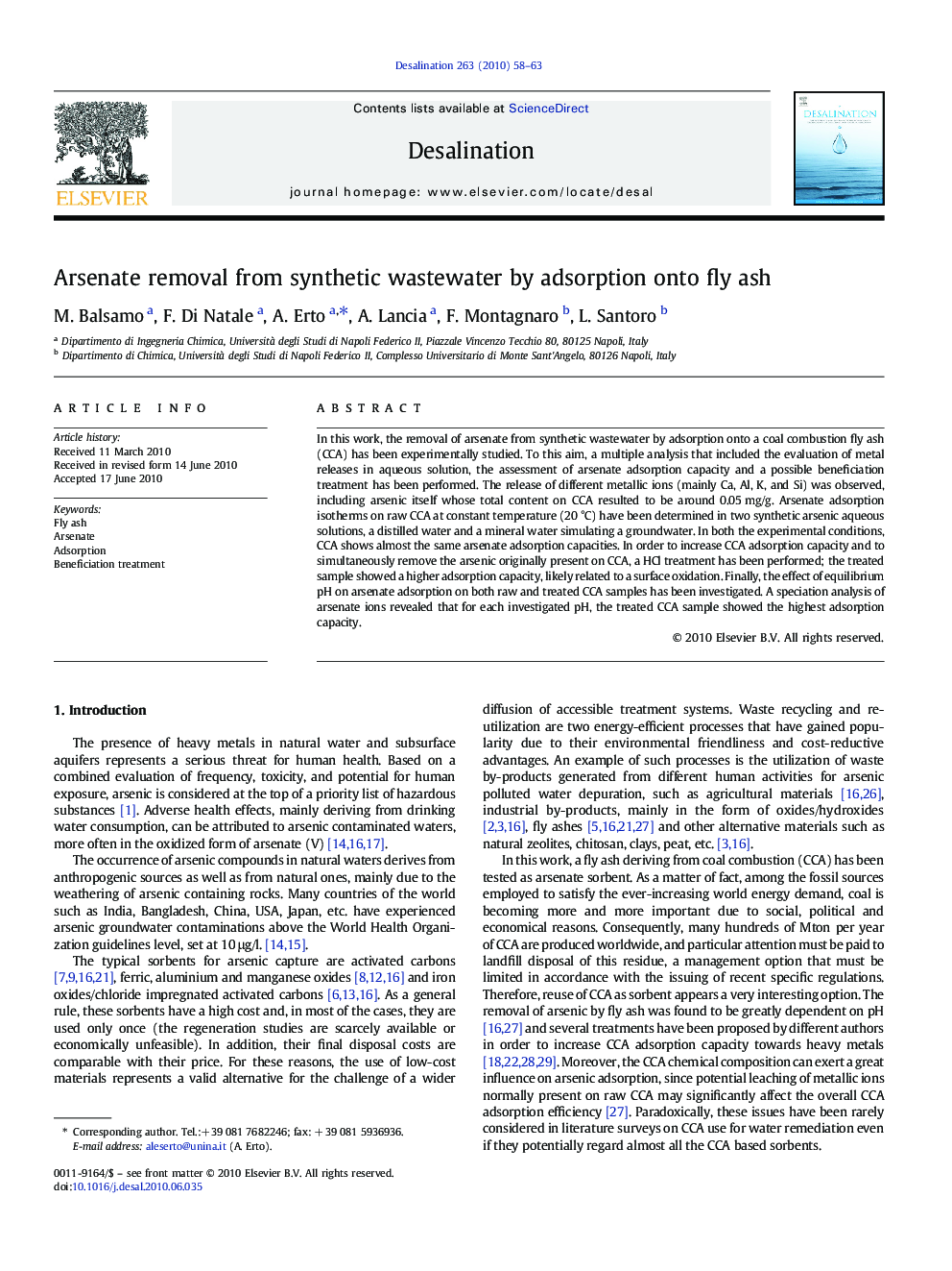 Arsenate removal from synthetic wastewater by adsorption onto fly ash