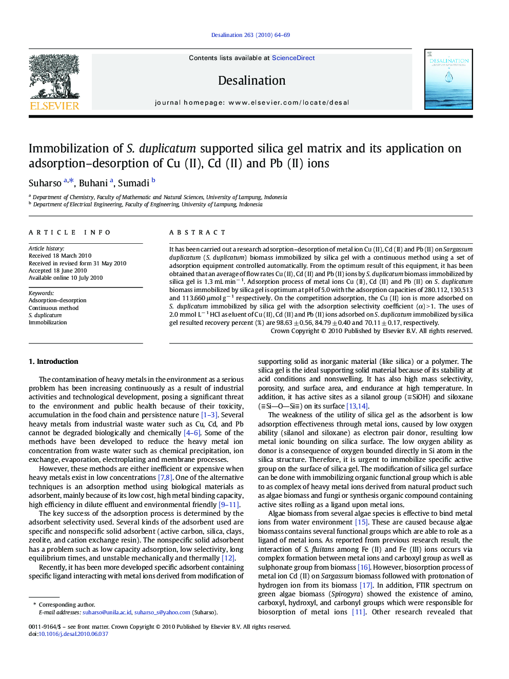 Immobilization of S. duplicatum supported silica gel matrix and its application on adsorption–desorption of Cu (II), Cd (II) and Pb (II) ions