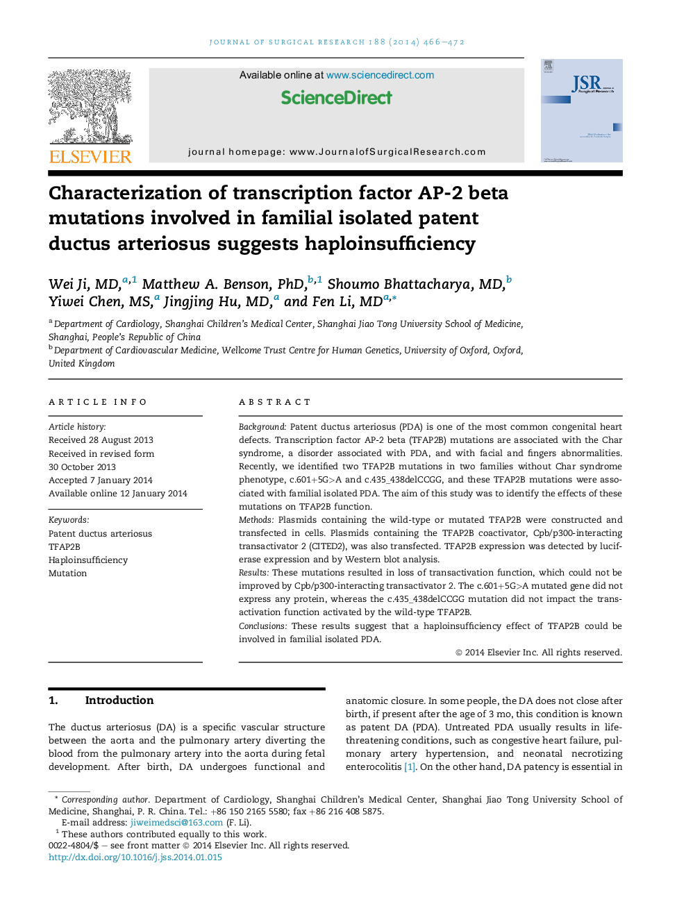 Pediatric/Congenital/DevelopmentalCharacterization of transcription factor AP-2 beta mutations involved in familial isolated patent ductus arteriosus suggests haploinsufficiency