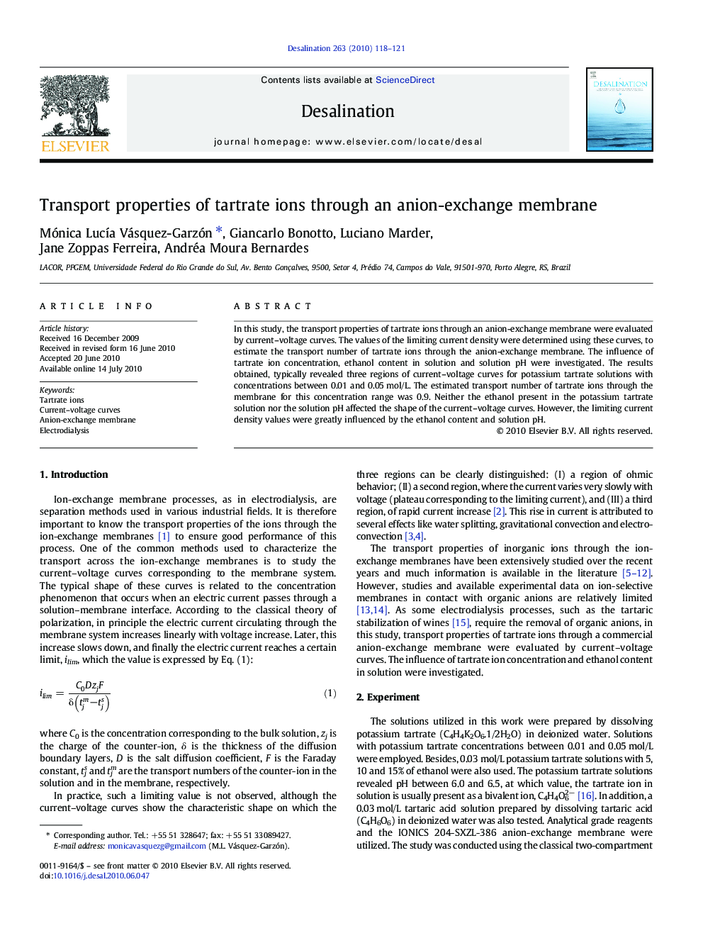 Transport properties of tartrate ions through an anion-exchange membrane