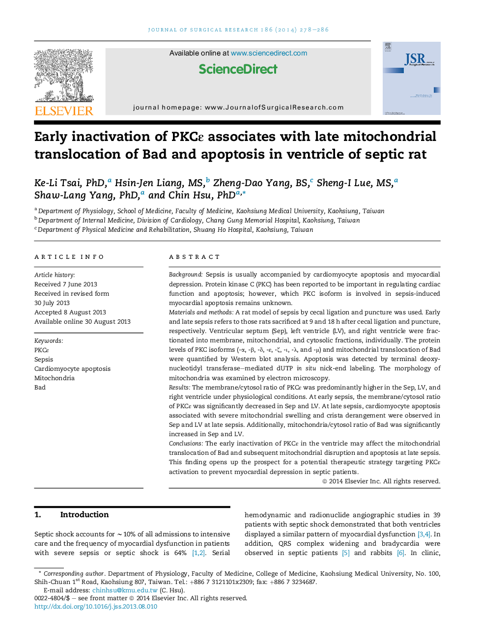 Shock/sepsis/trauma/critical careEarly inactivation of PKCÎµ associates with late mitochondrial translocation of Bad and apoptosis in ventricle of septic rat