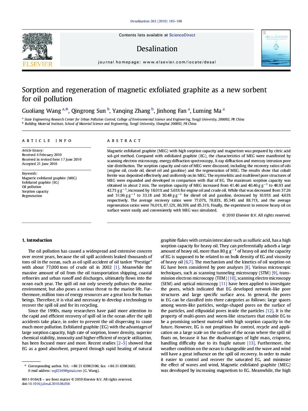 Sorption and regeneration of magnetic exfoliated graphite as a new sorbent for oil pollution