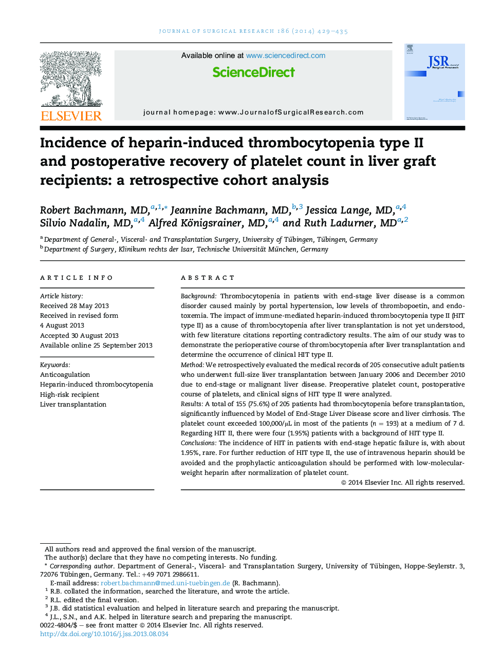 Transplantation/immunologyIncidence of heparin-induced thrombocytopenia type II and postoperative recovery of platelet count in liver graft recipients: a retrospective cohort analysis