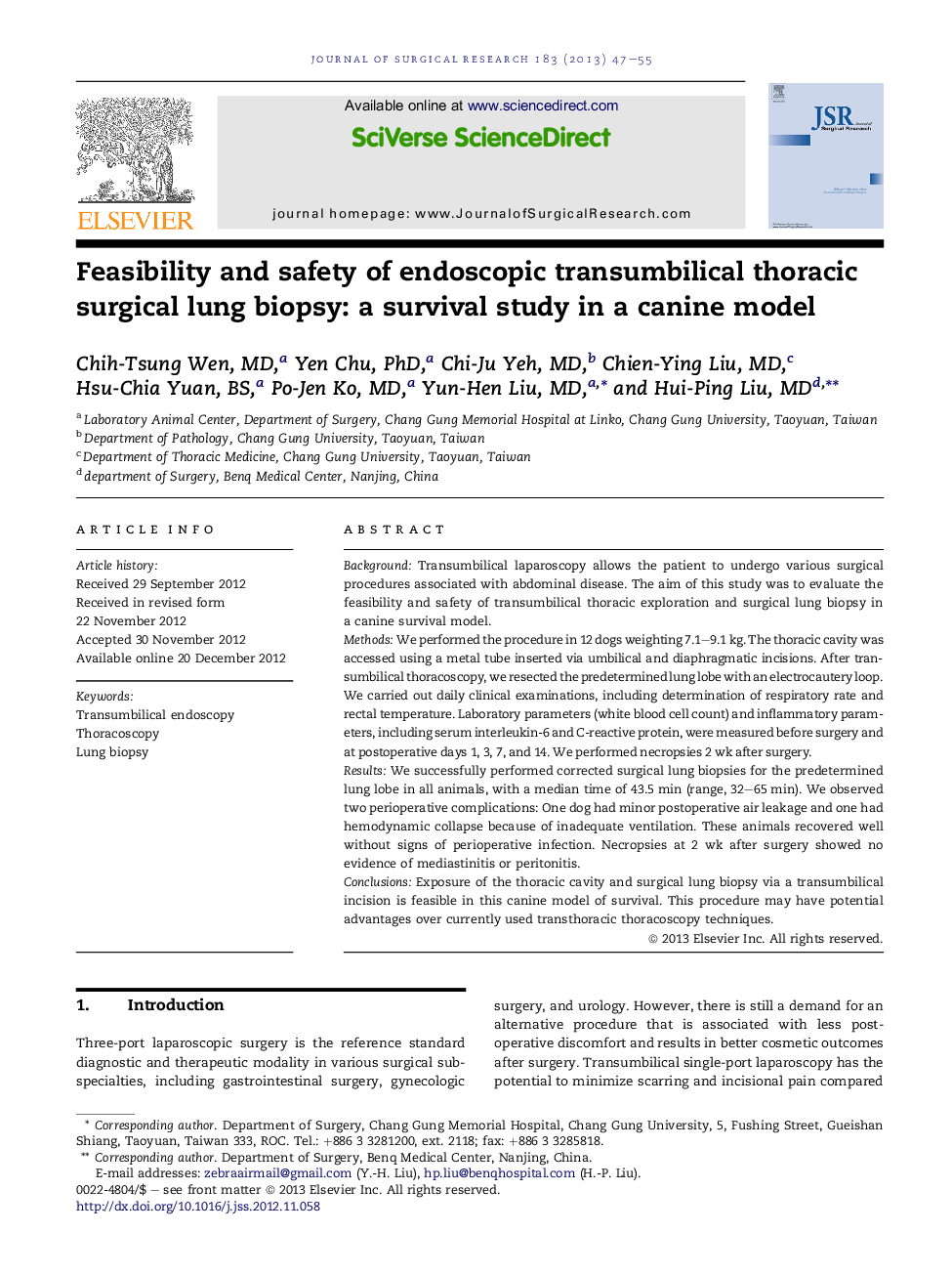 CardiothoracicFeasibility and safety of endoscopic transumbilical thoracic surgical lung biopsy: a survival study in a canine model