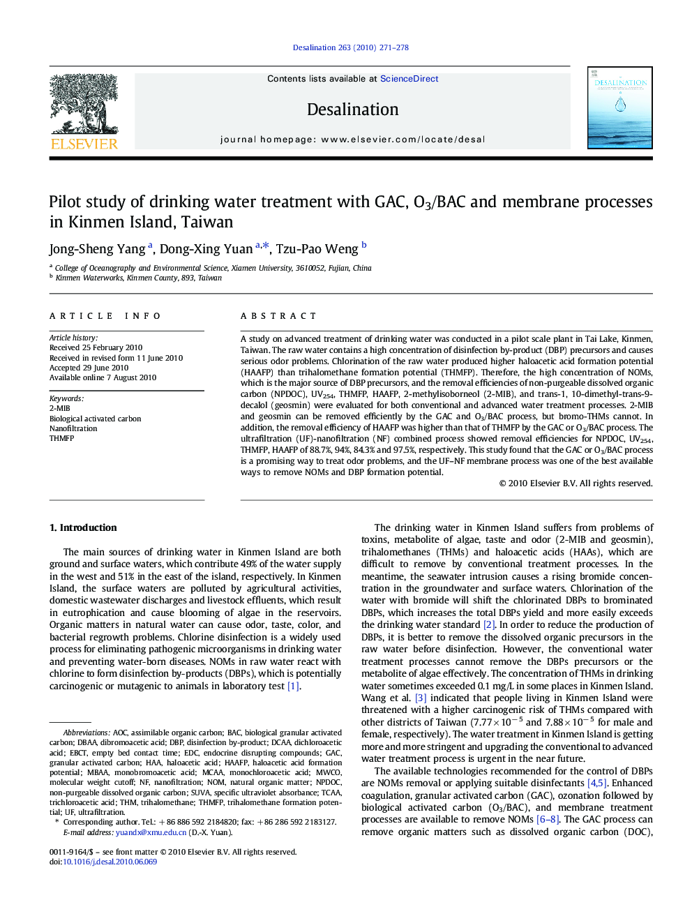 Pilot study of drinking water treatment with GAC, O3/BAC and membrane processes in Kinmen Island, Taiwan