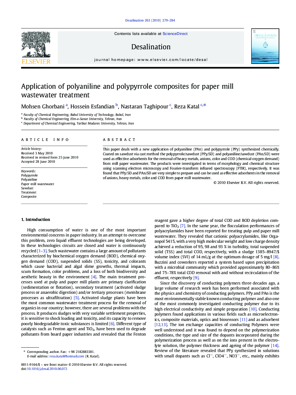 Application of polyaniline and polypyrrole composites for paper mill wastewater treatment