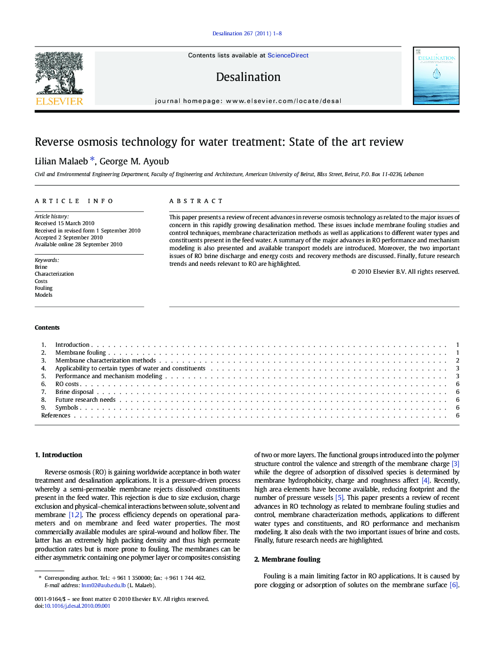 Reverse osmosis technology for water treatment: State of the art review