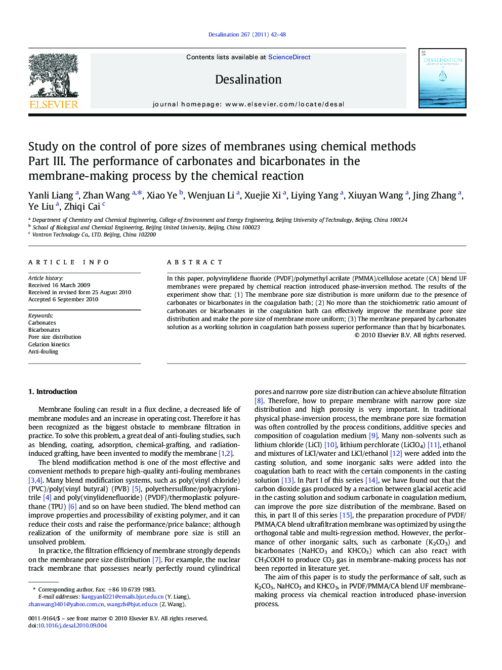 Study on the control of pore sizes of membranes using chemical methods: Part III. The performance of carbonates and bicarbonates in the membrane-making process by the chemical reaction