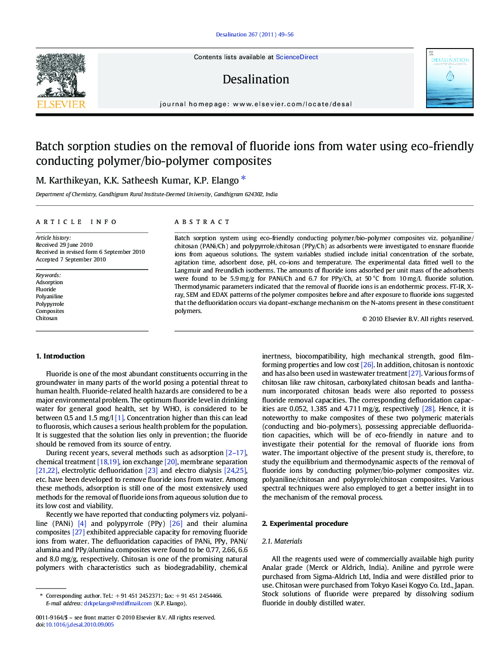 Batch sorption studies on the removal of fluoride ions from water using eco-friendly conducting polymer/bio-polymer composites