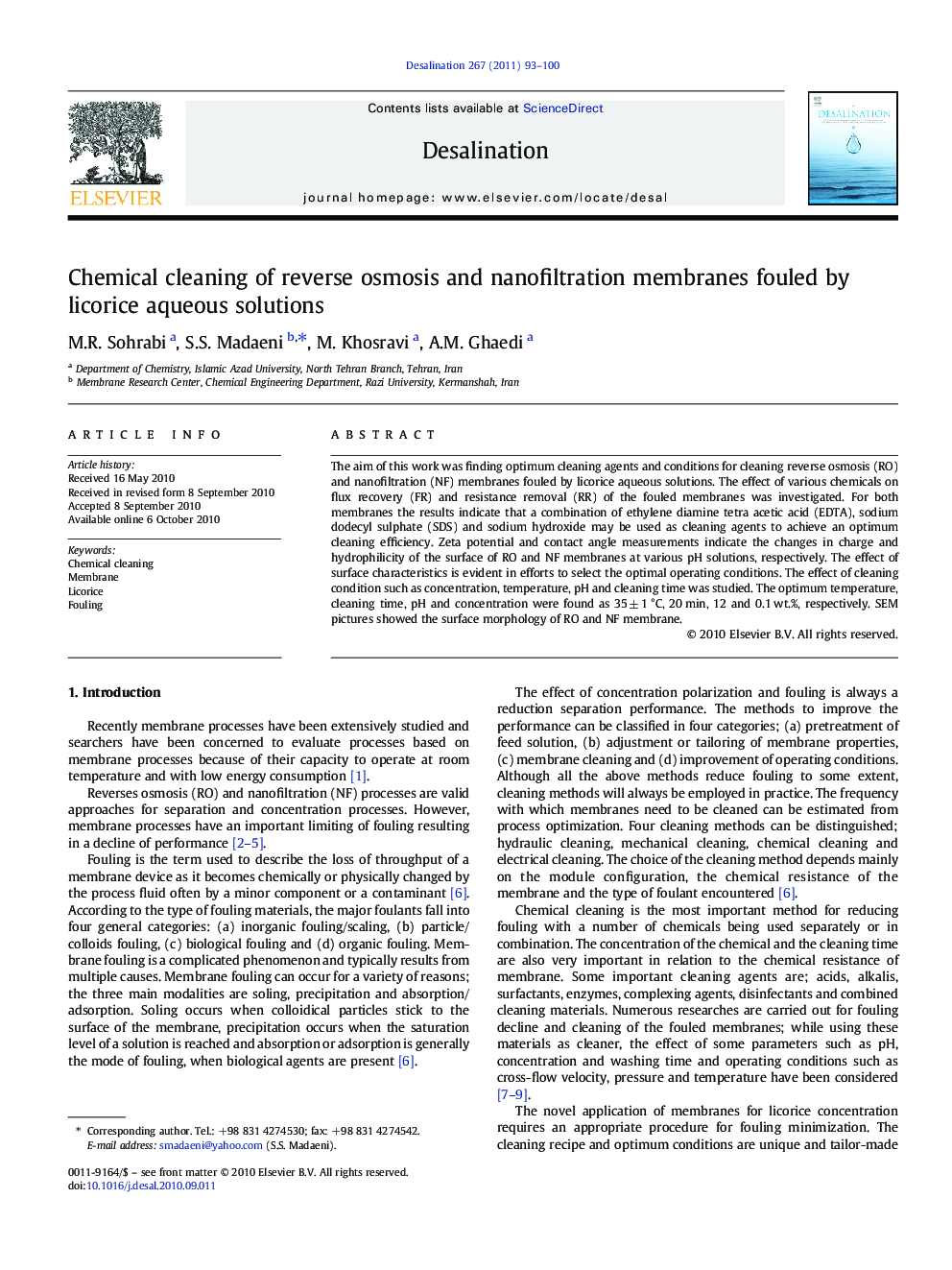 Chemical cleaning of reverse osmosis and nanofiltration membranes fouled by licorice aqueous solutions