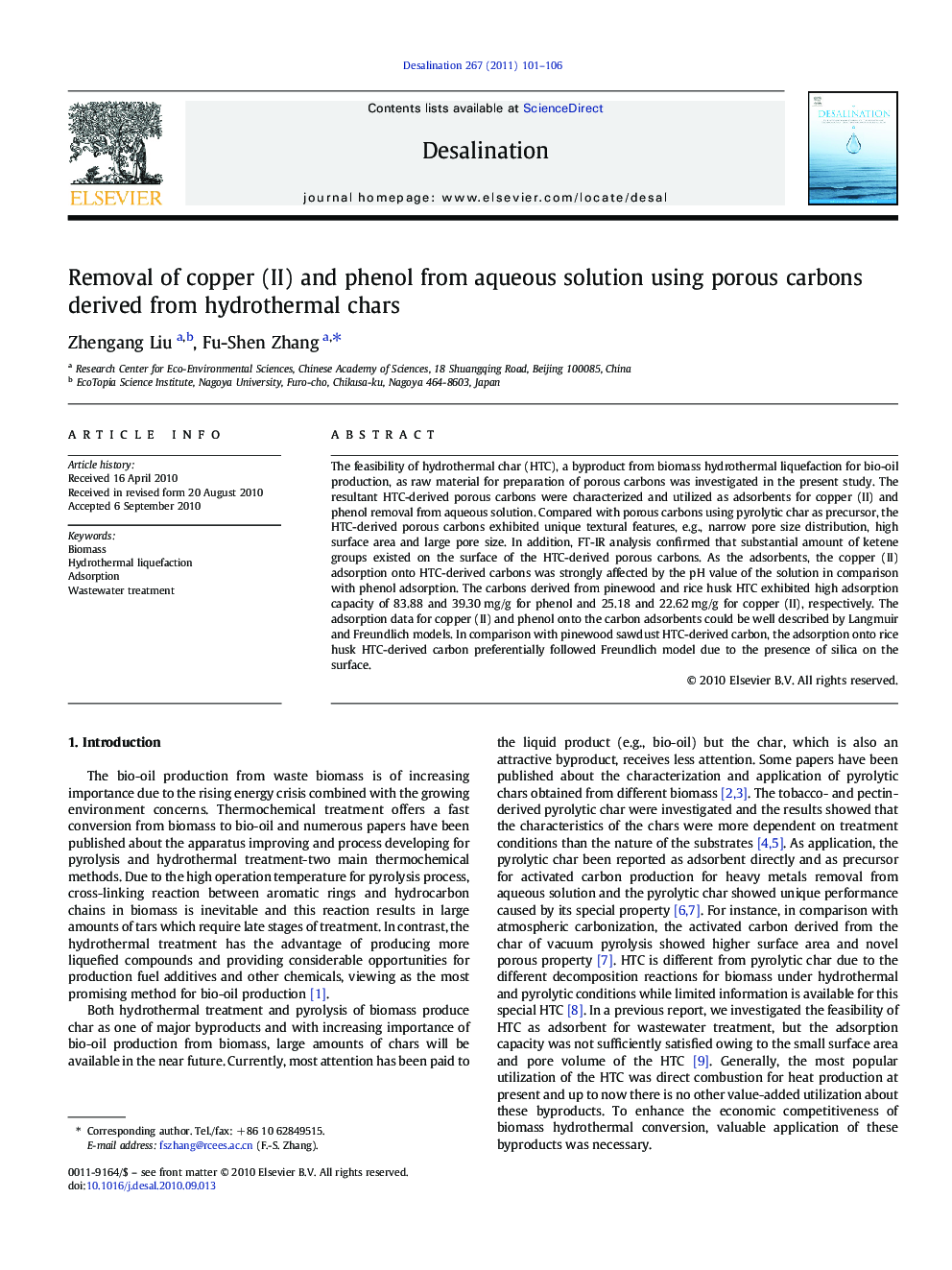 Removal of copper (II) and phenol from aqueous solution using porous carbons derived from hydrothermal chars