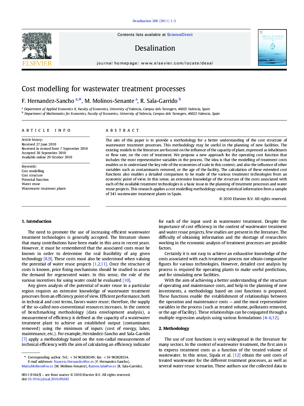 Cost modelling for wastewater treatment processes