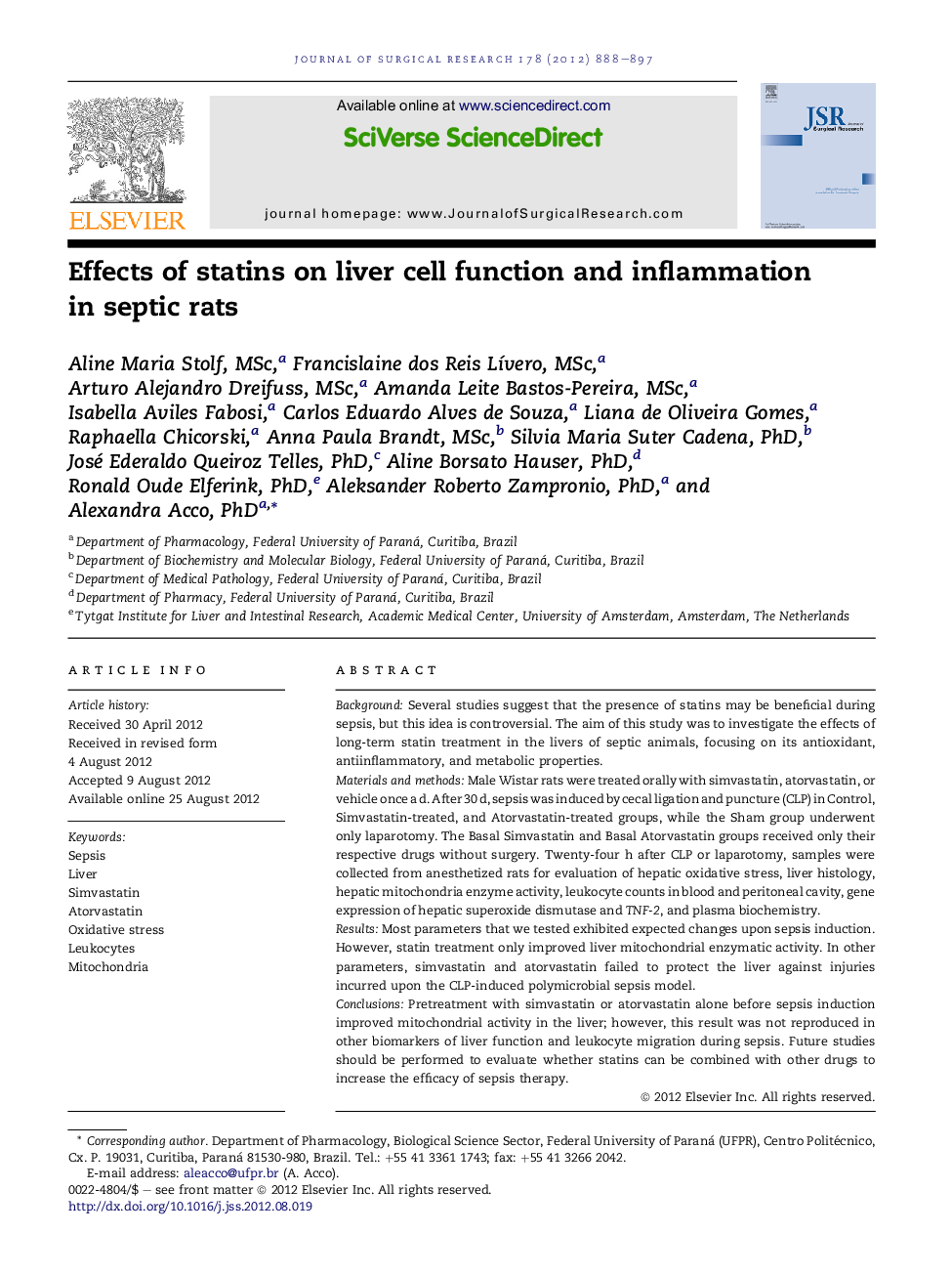 Shock/Sepsis/Trauma/Critical CareEffects of statins on liver cell function and inflammation in septic rats