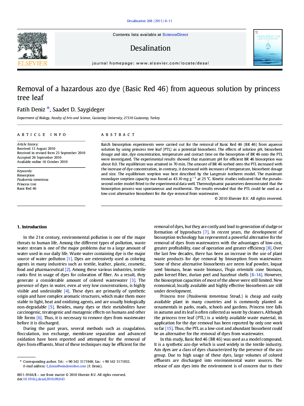 Removal of a hazardous azo dye (Basic Red 46) from aqueous solution by princess tree leaf