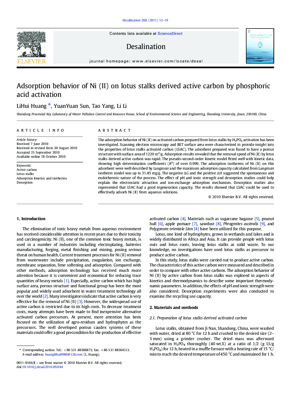 Adsorption behavior of Ni (II) on lotus stalks derived active carbon by phosphoric acid activation