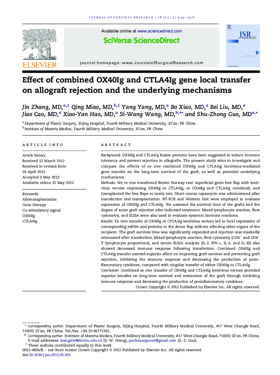Transplantation/ImmunologyEffect of combined OX40Ig and CTLA4Ig gene local transfer on allograft rejection and the underlying mechanisms