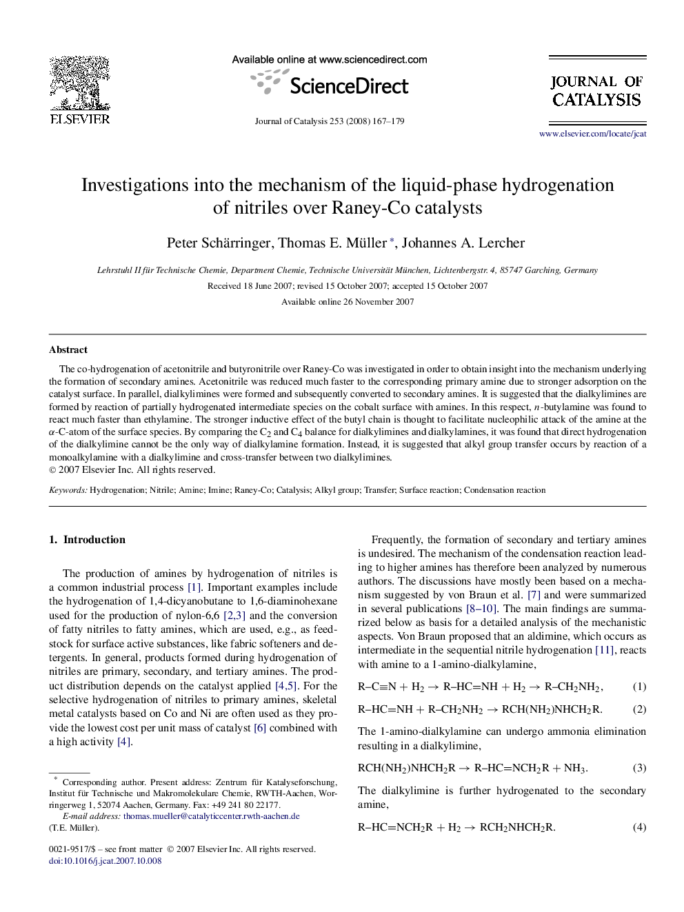 Investigations into the mechanism of the liquid-phase hydrogenation of nitriles over Raney-Co catalysts