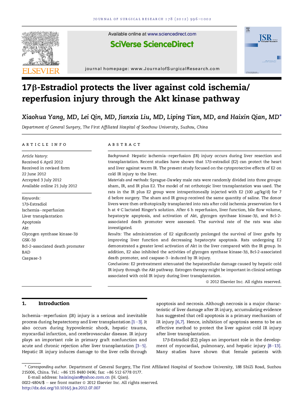 Transplantation/Immunology17Î²-Estradiol protects the liver against cold ischemia/reperfusion injury through the Akt kinase pathway