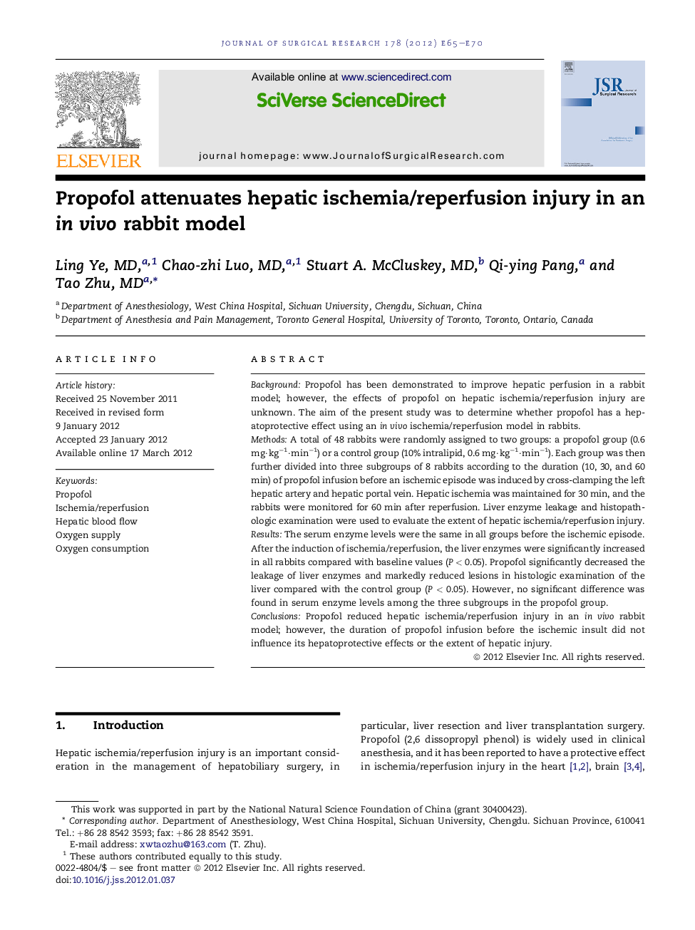 عکس صفحه اول مقاله: Propofol attenuates hepatic ischemia/reperfusion injury in an in vivo rabbit model Propofol attenuates hepatic ischemia/reperfusion injury in an in vivo rabbit model