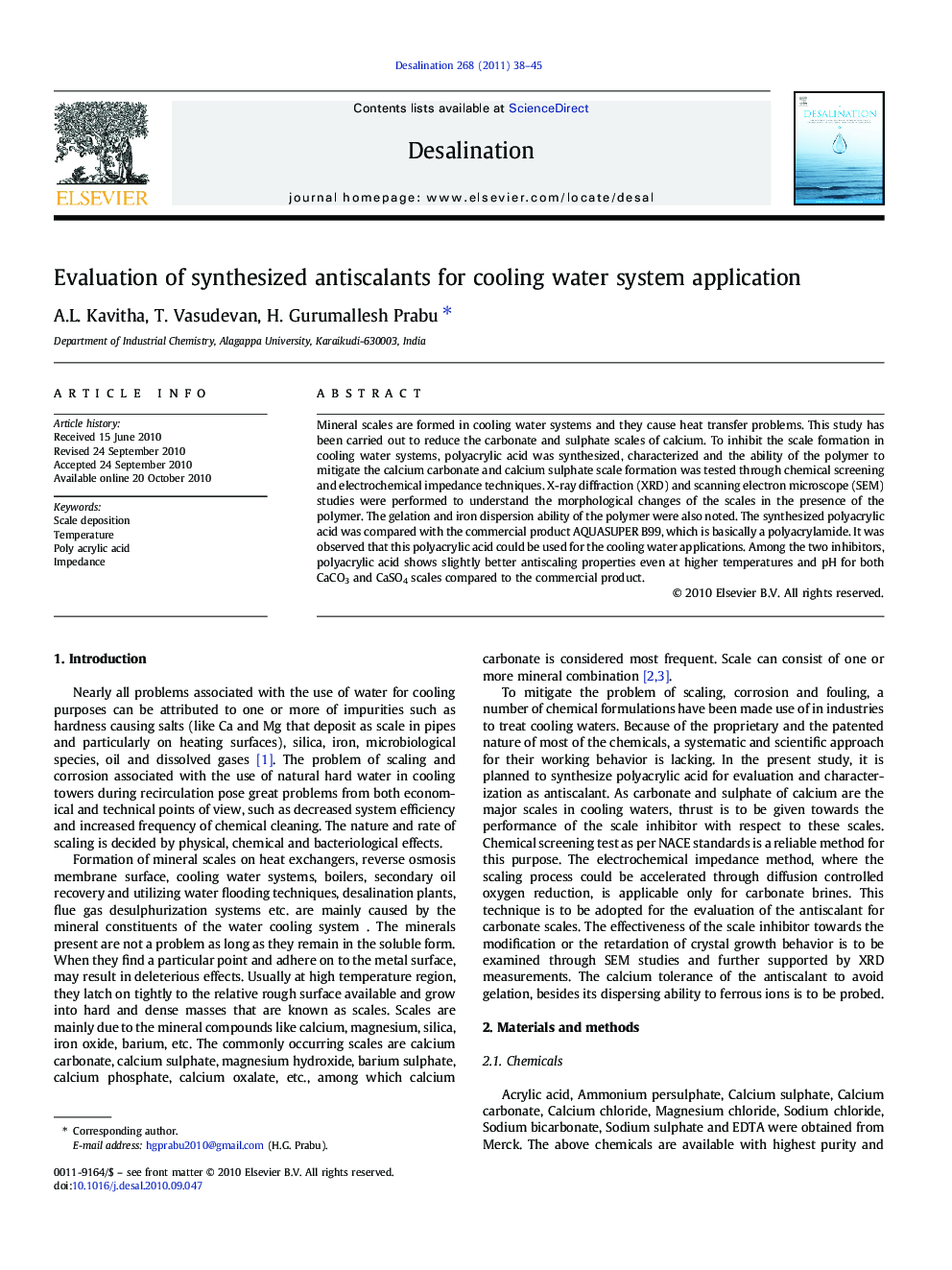 Evaluation of synthesized antiscalants for cooling water system application