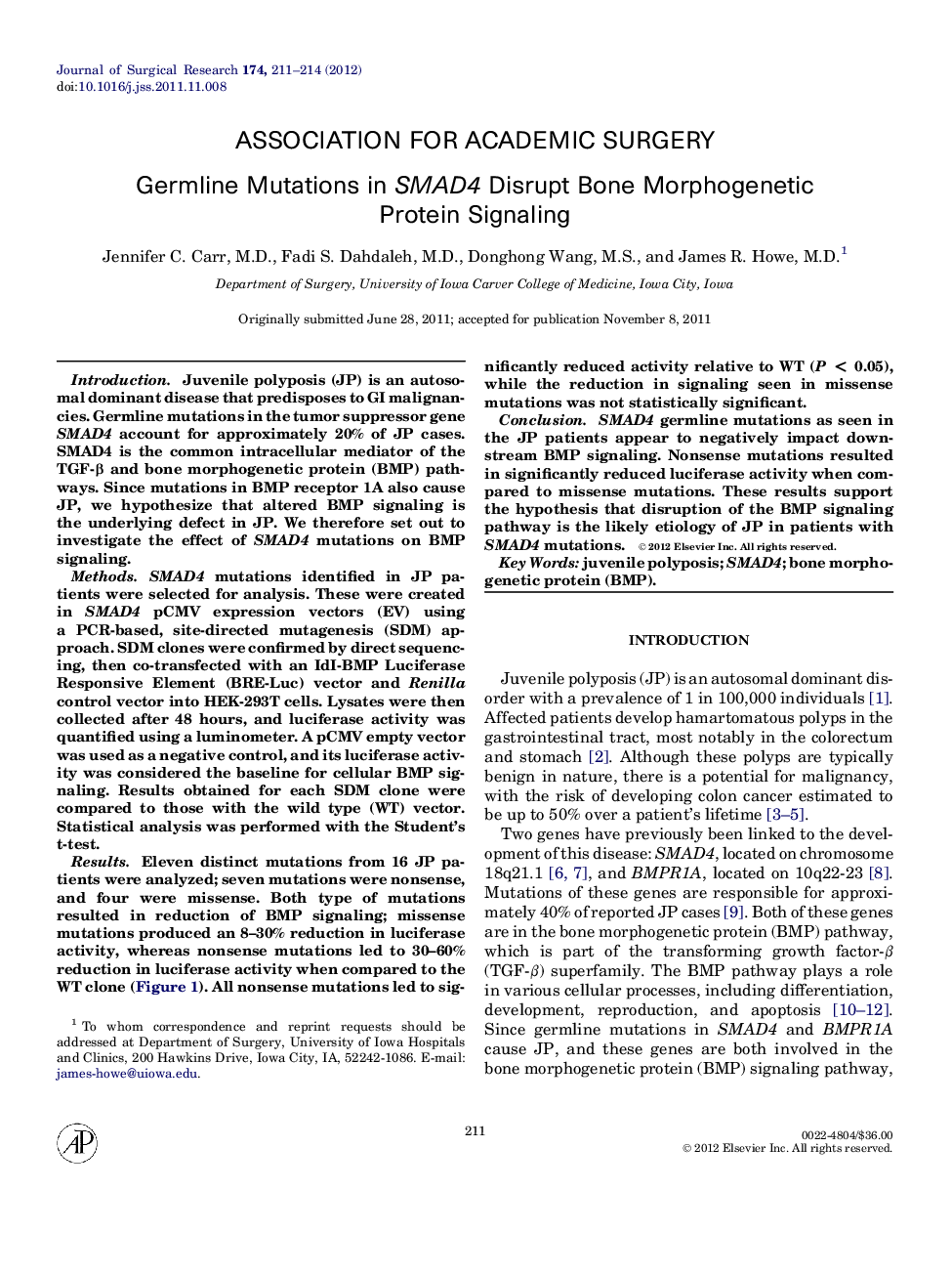 Association for Academic SurgeryGermline Mutations in SMAD4 Disrupt Bone Morphogenetic Protein Signaling