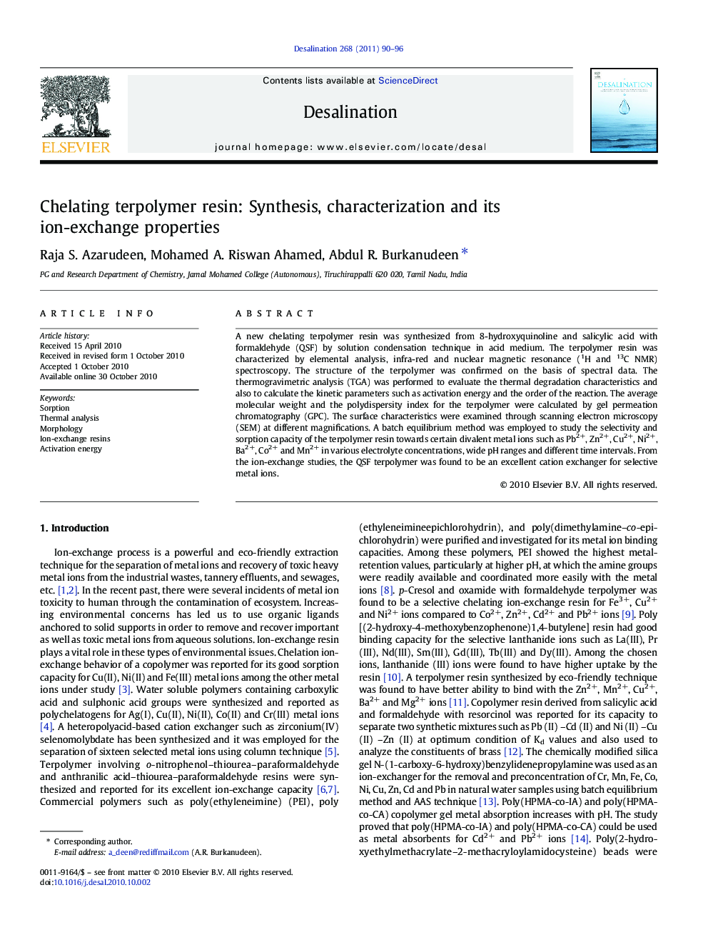 Chelating terpolymer resin: Synthesis, characterization and its ion-exchange properties