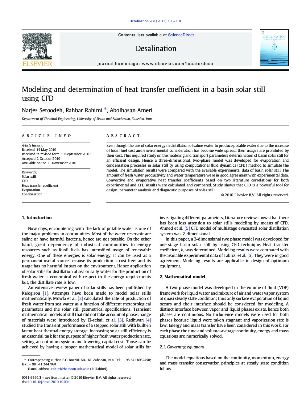 Modeling and determination of heat transfer coefficient in a basin solar still using CFD