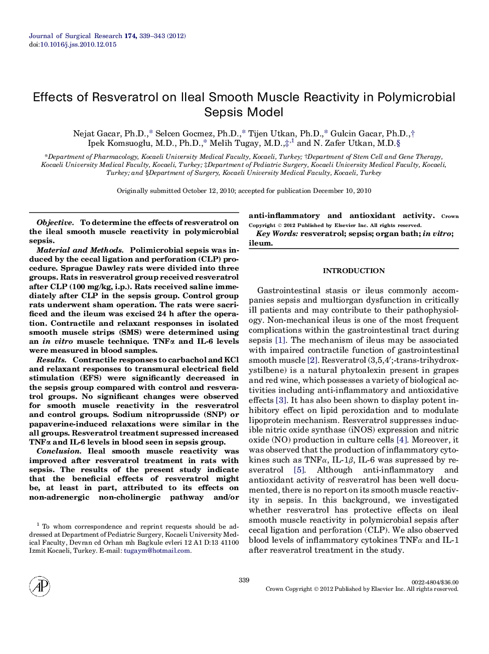 Shock/Sepsis/Trauma/Critical CareEffects of Resveratrol on Ileal Smooth Muscle Reactivity in Polymicrobial Sepsis Model