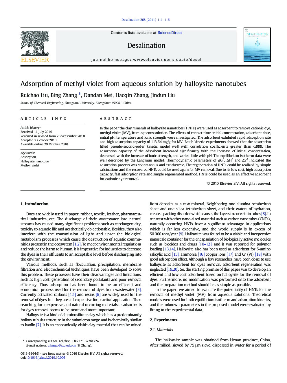 Adsorption of methyl violet from aqueous solution by halloysite nanotubes