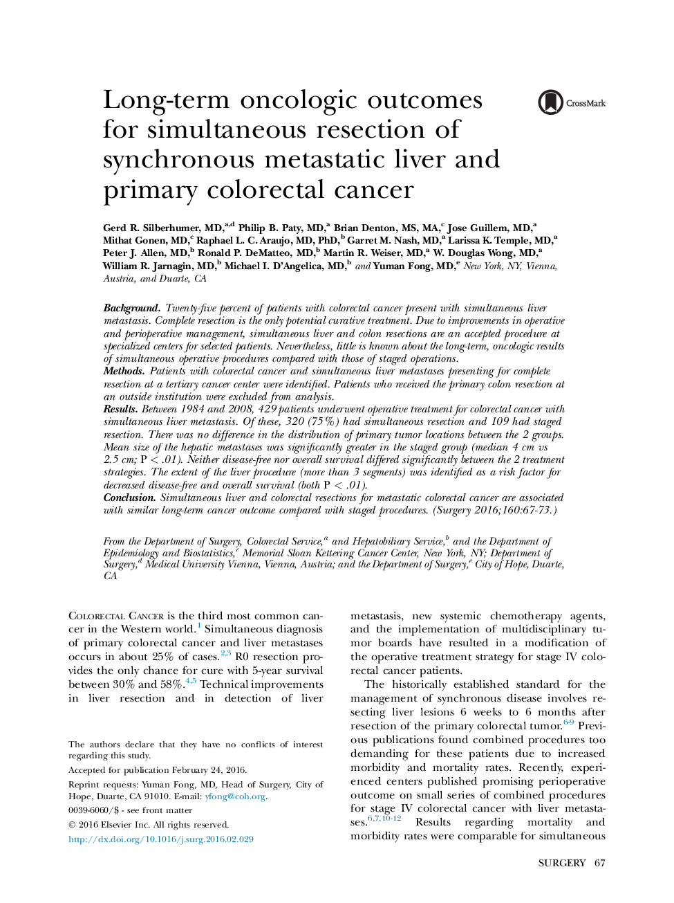 Colon and RectumLong-term oncologic outcomes for simultaneous resection of synchronous metastatic liver and primary colorectal cancer