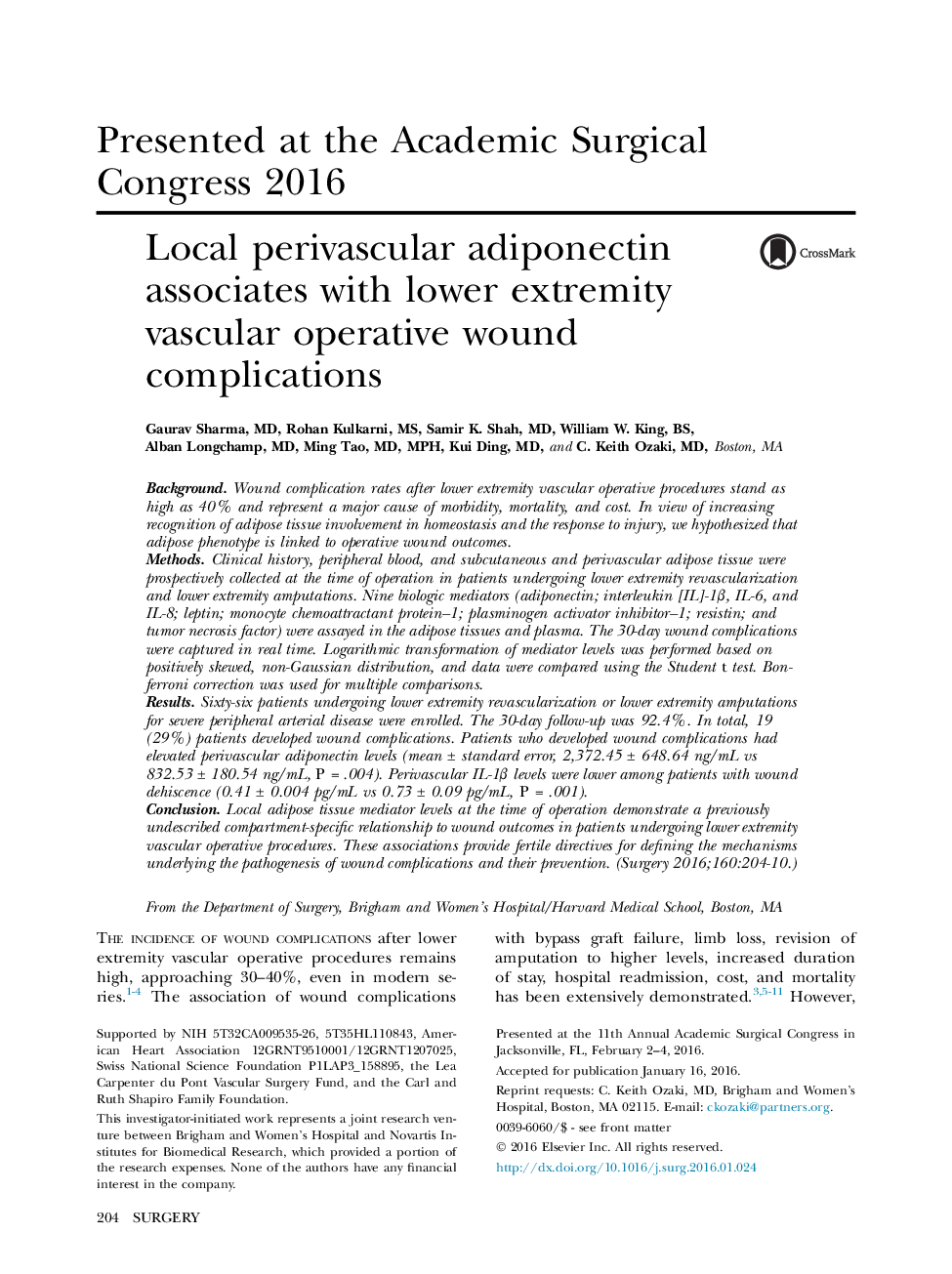 Presented at the Academic Surgical Congress 2016Local perivascular adiponectin associates with lower extremity vascular operative wound complications