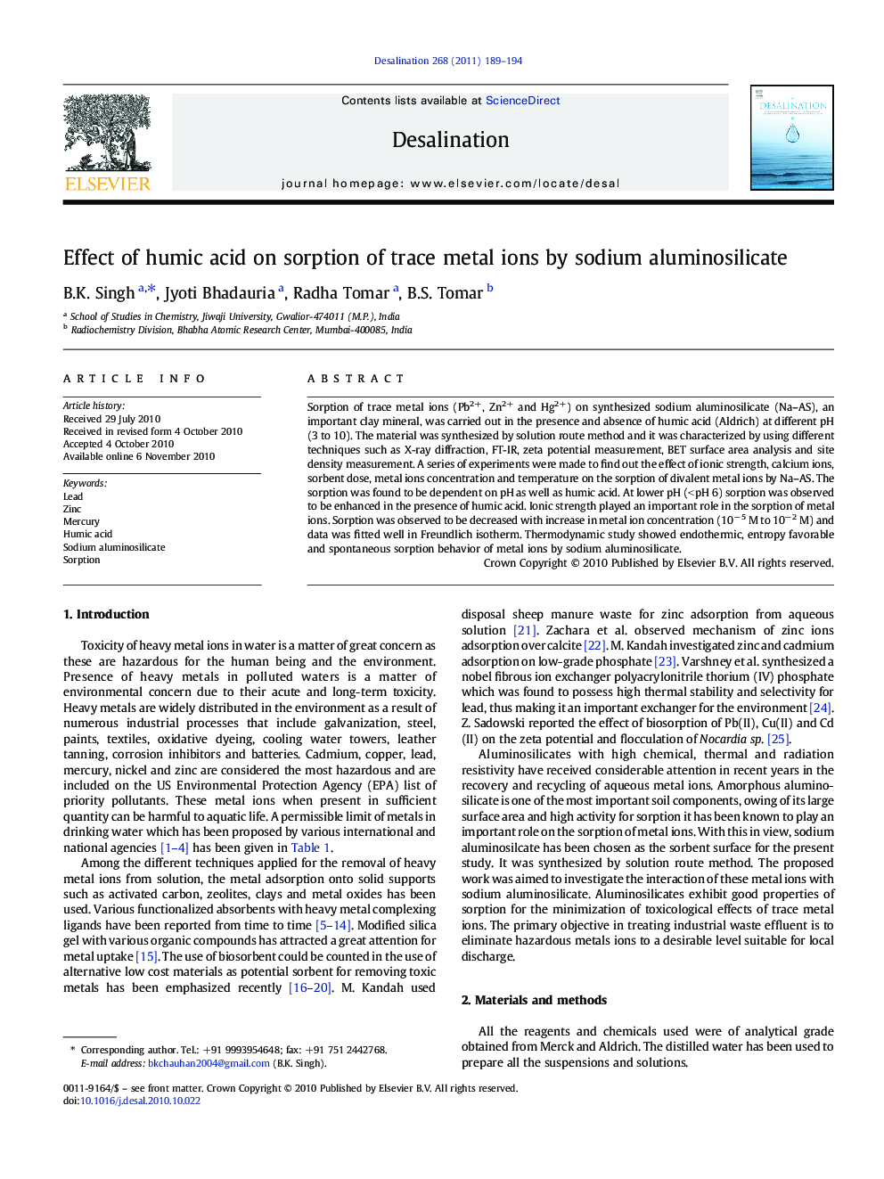 Effect of humic acid on sorption of trace metal ions by sodium aluminosilicate