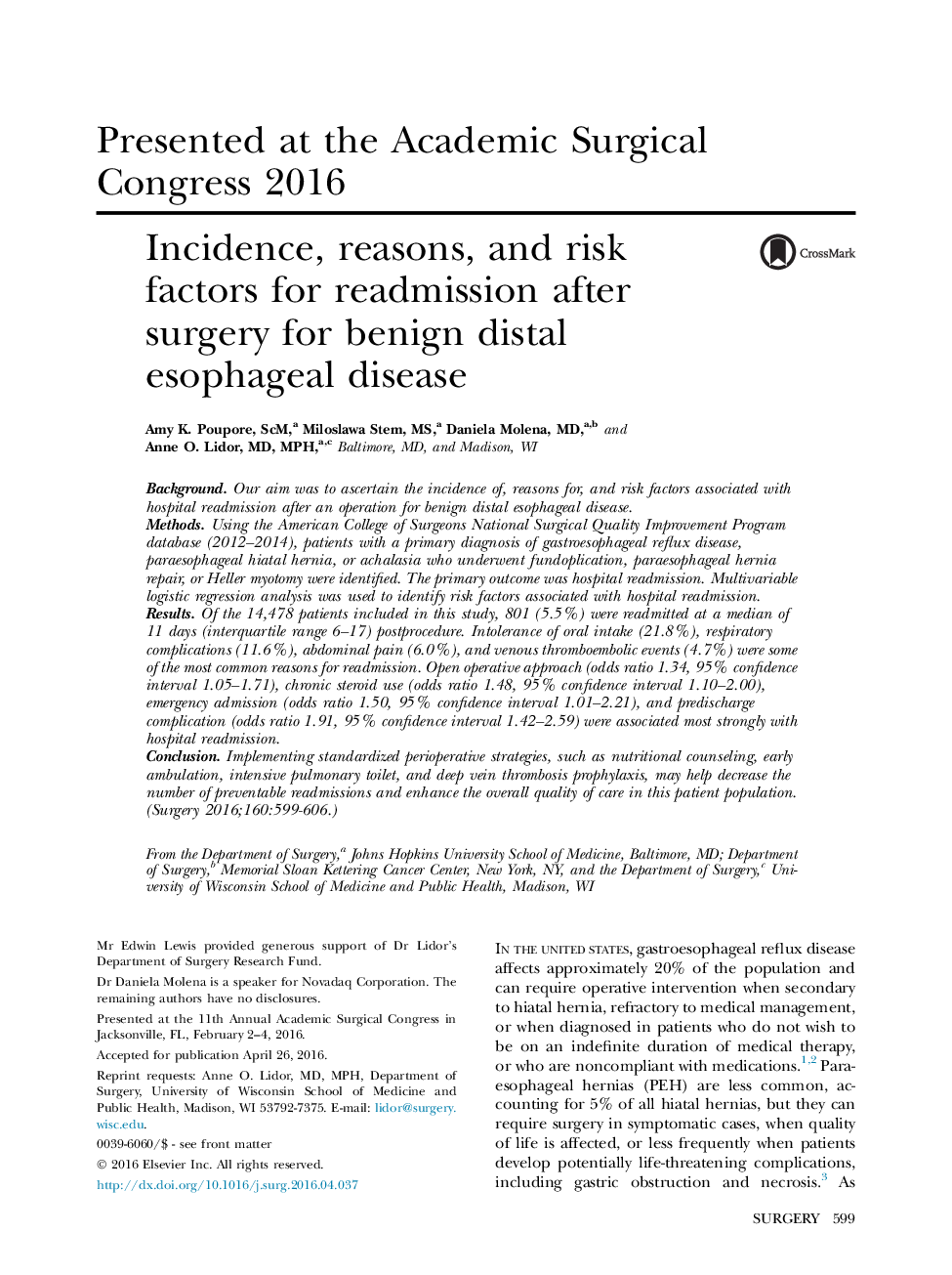 Presented at the Academic Surgical Congress 2016Incidence, reasons, and risk factors for readmission after surgery for benign distal esophageal disease